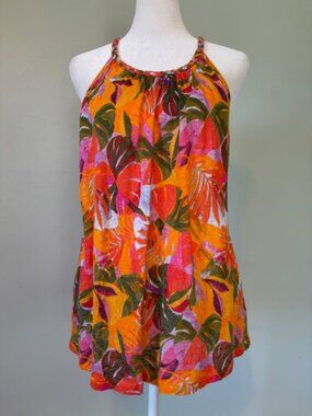 C & C California Tropical Floral 100% Linen Sleeveless Top Size XL